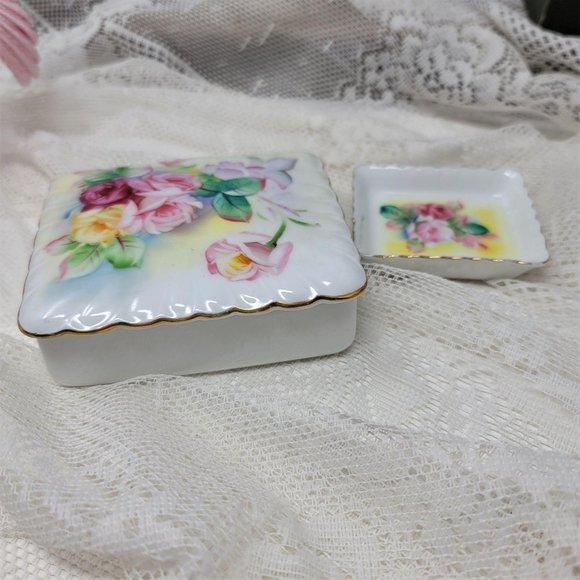Darling Trinket Box w Tray Vintage Porcelain Flora - Picture 2 of 10